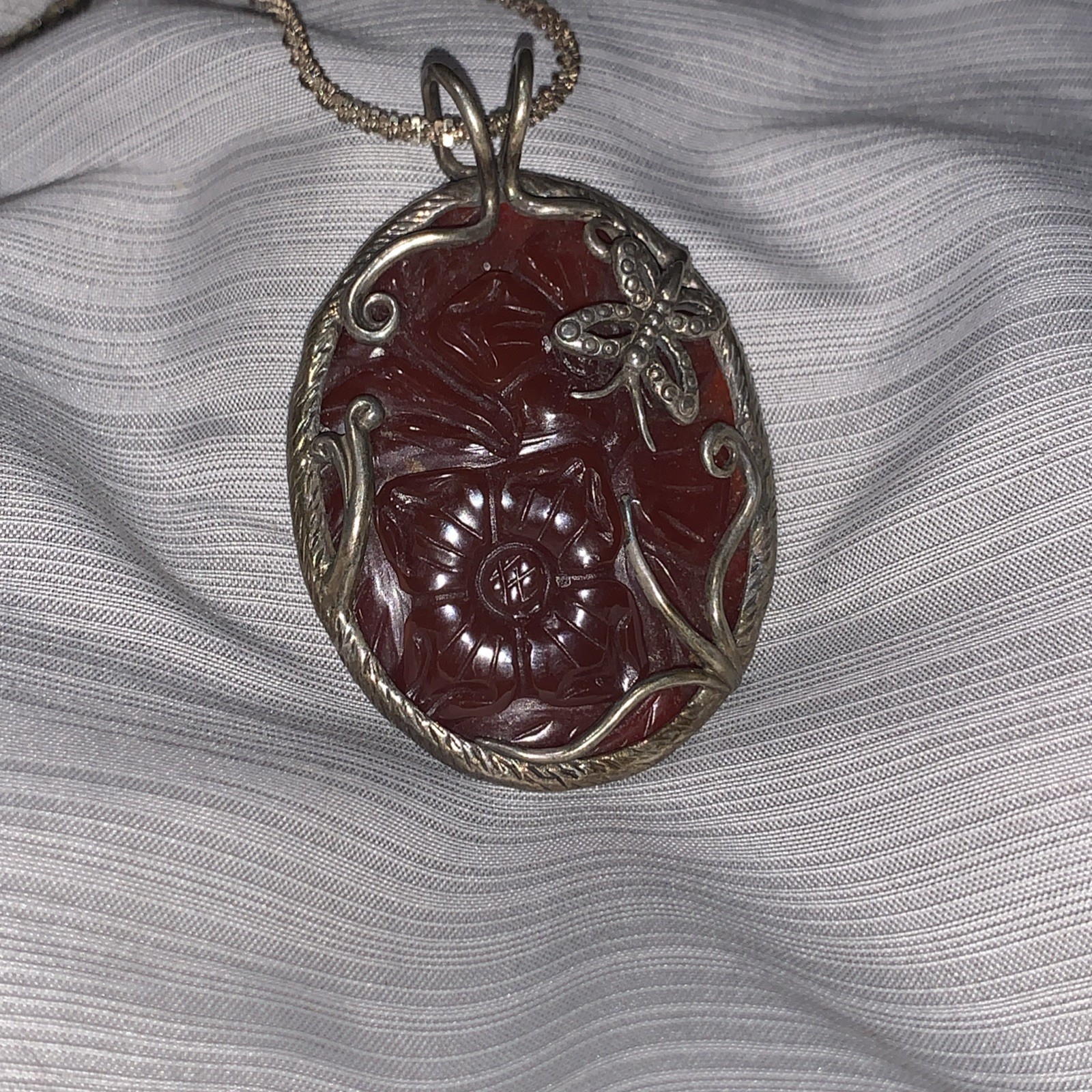 925 Solid Sterling Silver Agate Stone Carved Flow… - image 2