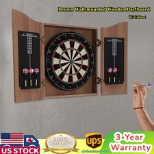Wall-Mounted Brown Dartboard Set with Cabinet and Darts for Adults