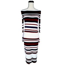 Guess Womens Dress Stretch Off Shoulder Striped Pullover  SZ LB14