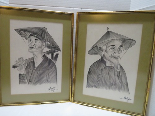 ORIGINAL BEKY INK PRINTS VIETNAMESE COUPLE MAN & WOMEN FRAMED 18" X 13.5"