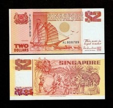 Singapore 2 DOLLARS P-27 ND 1990 x 1 Junk Ship Dancer UNC Singaporean Money NOTE