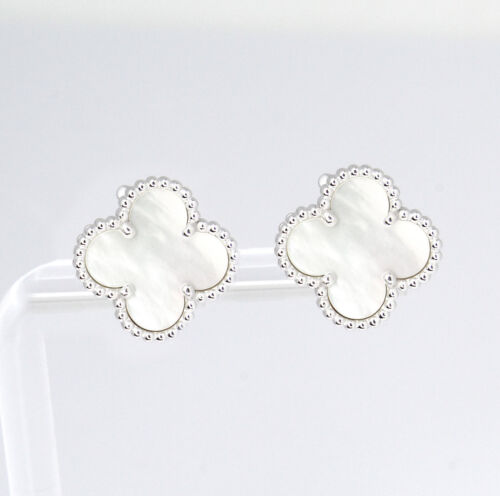Van Cleef & Arpels 18K White Gold Motif Alhambra Mother of Pearl Earrings