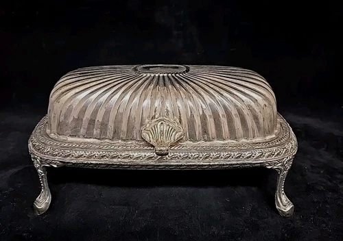 Vintage Fancy Silver Plated Roll Top Footed Butter Dish with Glass Insert