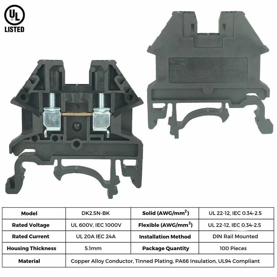 DIN Rail Terminal Block Kit Dinkle 20 DK2.5N 12 AWG Gauge 20A 600V Ground Jumper - Image 3 of 4