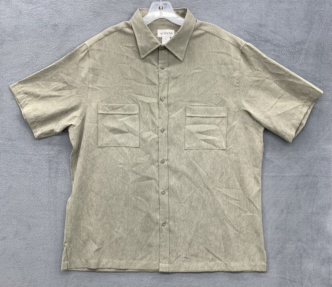 Alfani Button Down Shirt Men's Size XL Beige Short Sleeve Double Chest Pockets-image