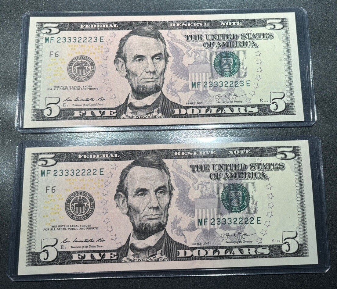 2013 $5 Dollar Bills VERY RARE Consecutive Binary Pair