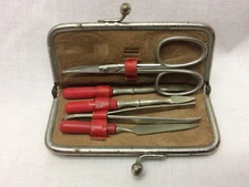 Vintage Grooming Travel Kit Trim Nail Trimming Hygene Red Leather  