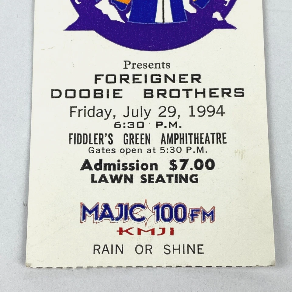 Boleto de concierto extranjero de Doobie Brothers 29 de julio de 1994 verde violinista CO Foto 4 de 4