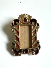 Vintage Mini Picture Frame Brooch Pin Gold Metal Enamel Red Jewelry 2"