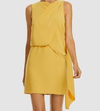 $325 Halston Womens Yellow Solid Asymmetrical Draped Short Blouson Dress Size 12