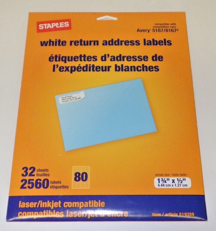 Staples Display Labels Staples White Return Address Labels Laser/inkjet 32 Sheets 2560 label ...