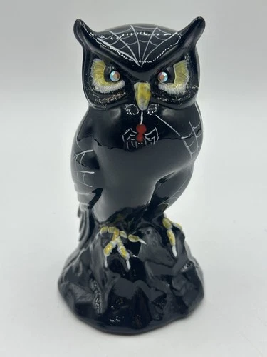 Fenton Black Glass WEBSTER OWL Figurine Hand Painted Spiderweb Widow M. Young