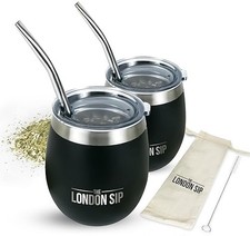 London Sip Yerba Mate Cup and Bombilla Set, Includes 2 Gourds 8 oz each , Sp...
