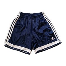 Vintage Adidas Soccer Shorts Mens Large Blue Satin Shiny Side Stripe Logo 90s