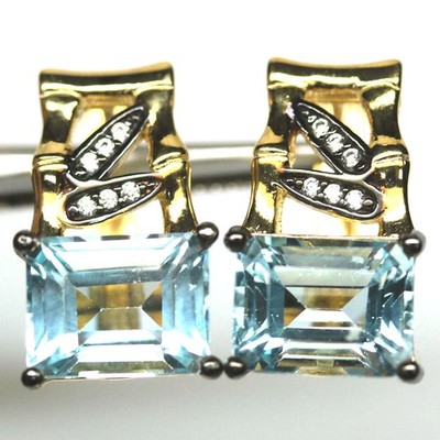 925 Sterling Silver 7 x 9 mm. Sky Blue Topaz & Zircon Two Tone Earrings 