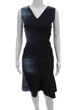 Elie Tahari Womens V Neck Sleeveless Mid Calf Trumpet Dress Blue Size 4