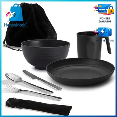 Camping Mess Kit Besteck Set mit Messer, Löffel, Gabel, Tasse, Schüssel, Teller - Bild 1 von 4