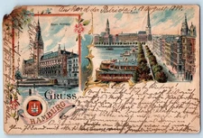 Germany Postcard Greetings from Hamburg Multiview Town Hall 1899 Antique