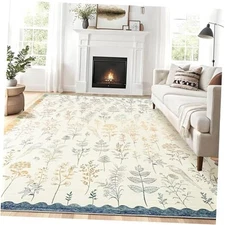  Washable 5x7 Rugs for Living Room Floral Scalloped Bedroom Area Rug, Non-Slip 