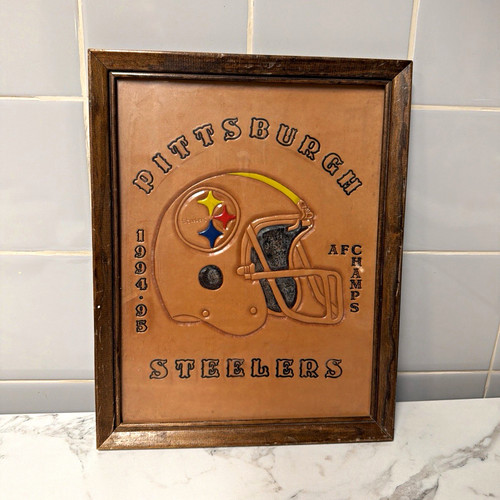 Vintage Framed Embossed Leather Art Handmade Pittsburgh Steelers 94-95 AFC Champ
