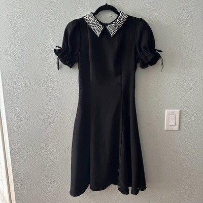 ivy city black dress Co XS Extra Small Pearl Neckline Short Sleeve Structured Bodice Black Satin Button-Up Flare Size:6Y the Florentina is the