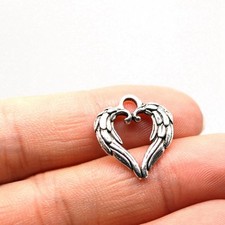 12/30PCS Antique Silver Angel Wing Heart Charm Pendant, 2 Sided Open JHS291