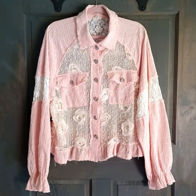 POL UWT156 Strawberry Yogurt Shacket Jacket M Pink Lace Floral Rose Pearl Boho