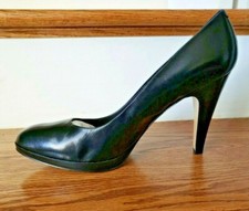 HTF Nine West NADIA Almond Toe Platform Stacked heel pump BLACK LEATHER 12M SEXY