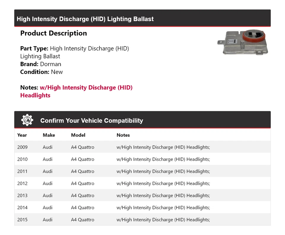 Balastro de iluminación HID para Audi A4 Quattro Dorman 2009-2015 2010 2011 2012 2013 Foto 2 de 4