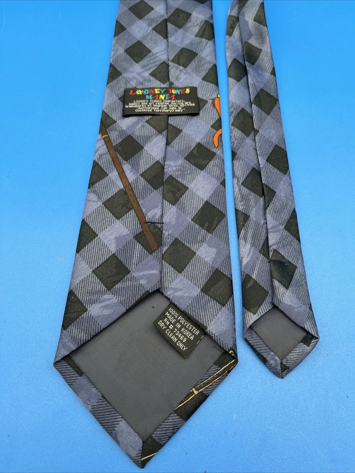Looney Tunes Mania Taz Fishing Checkered Blue 100% Polyester Necktie - Image 3 of 3