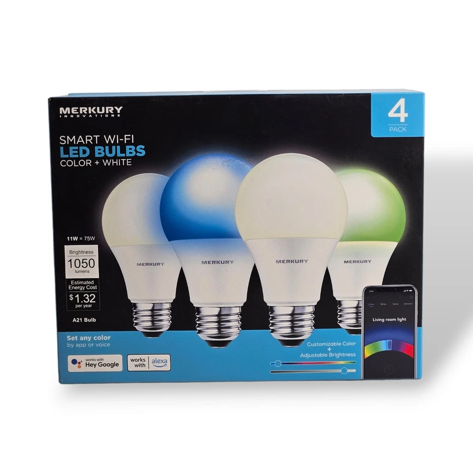Merkury Innovations Smart Wi-Fi LED Adjustable Color and Brightness Bulbs 4 pack - Image 3 of 4