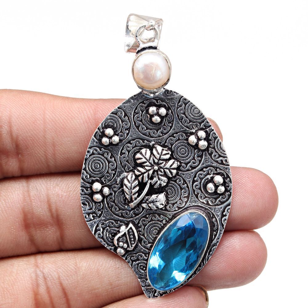 Swiss Blue Quartz Silver Pendant Handmade Jewelry 3 Inches