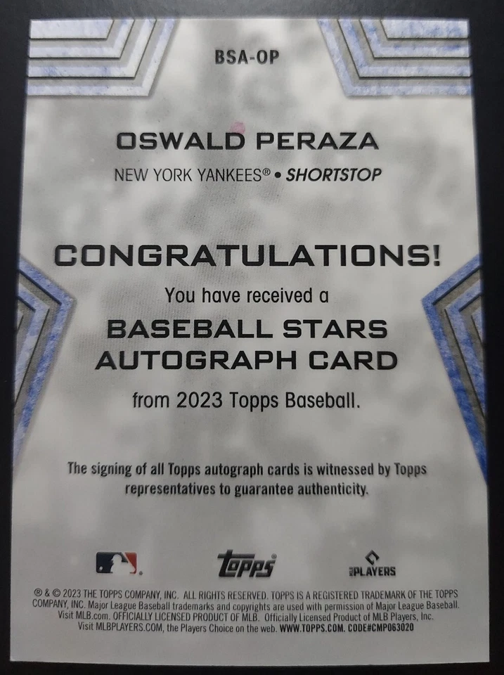 2023 Topps Series 2 OSWALD PERAZA Auto BLACK SP Rookie #BSA-OP Yankees NM-MT - Image 3 of 3