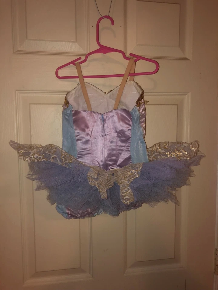 Disfraz de ballet morado, azul y dorado con falda de encaje y tul Foto 2 de 4