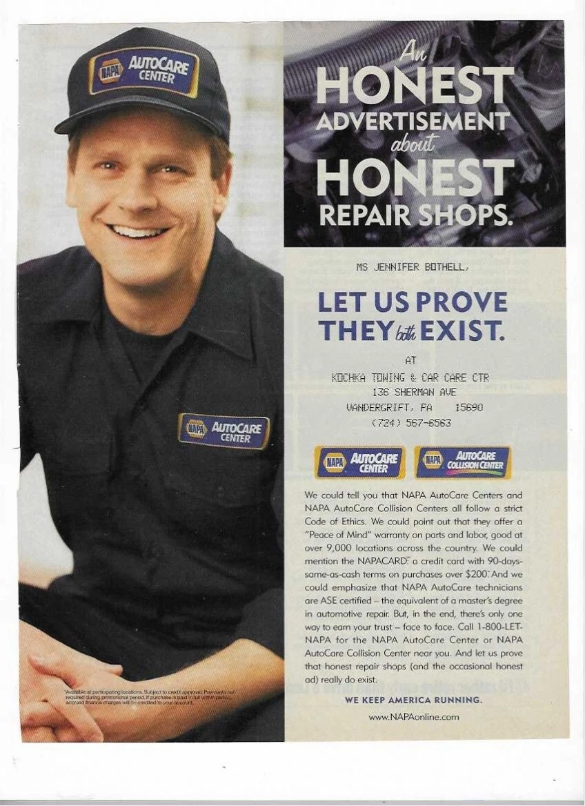 NAPA AutoCare We Keep America Running Kochka Towing Vandergrift 1999 Print  Ad | eBay