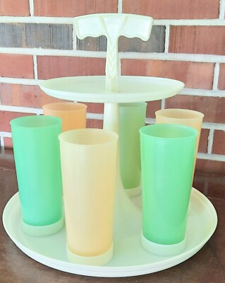 Vintage Mid Century Modern Tupperware Carousel Caddy & 6 Pastel