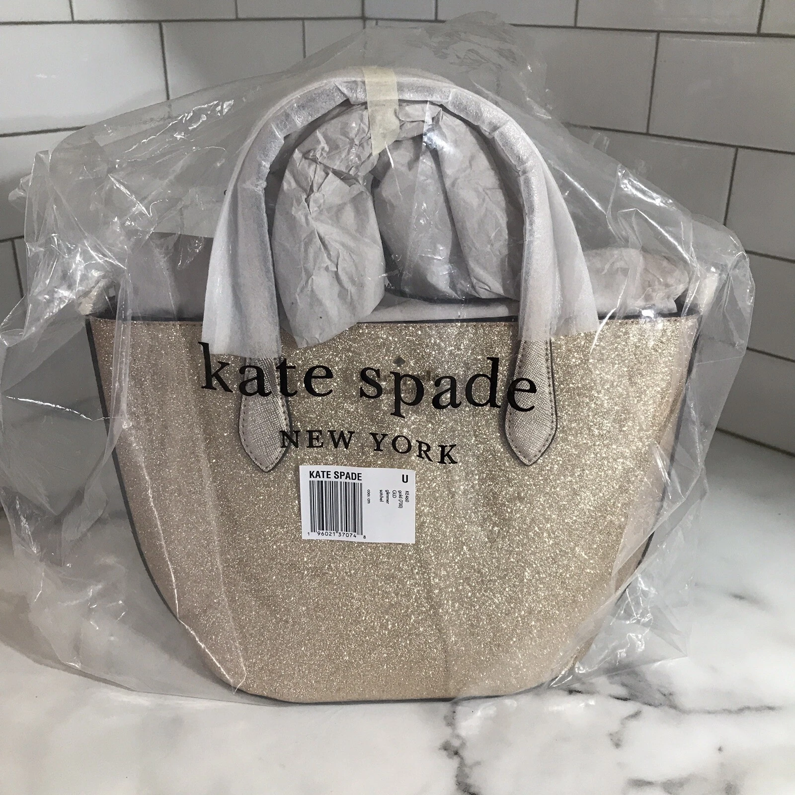 Borsa a mano Kate Spade nuova con etichetta Glimmer oro glitter pelle
