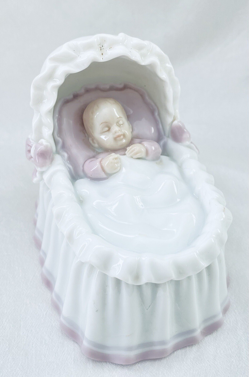 Vintage 1960s Pink & White Porcelain Baby and Bassinet Musical 