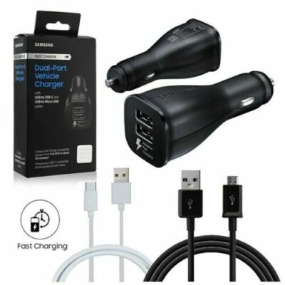 Samsung Dual Port Car Charger Fast Charge OEM with Micro USB Type C Cables NEW