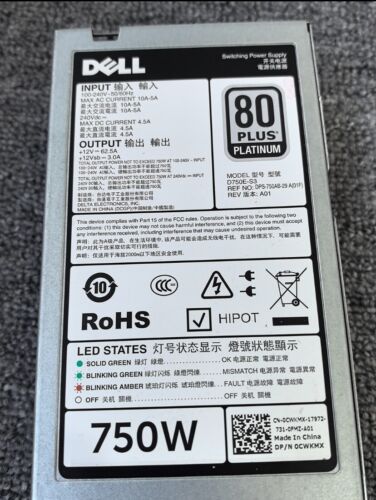 Dell R730 R730xd R630 750W D750E-S3 220V AC Power Supply 0CWKMX - Picture 2 of 6