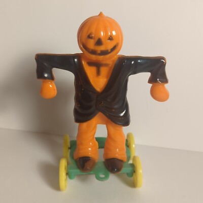 Vintage 1950's Rosbro Halloween Scarecrow Jack O Lantern on Wheels Pull Toy