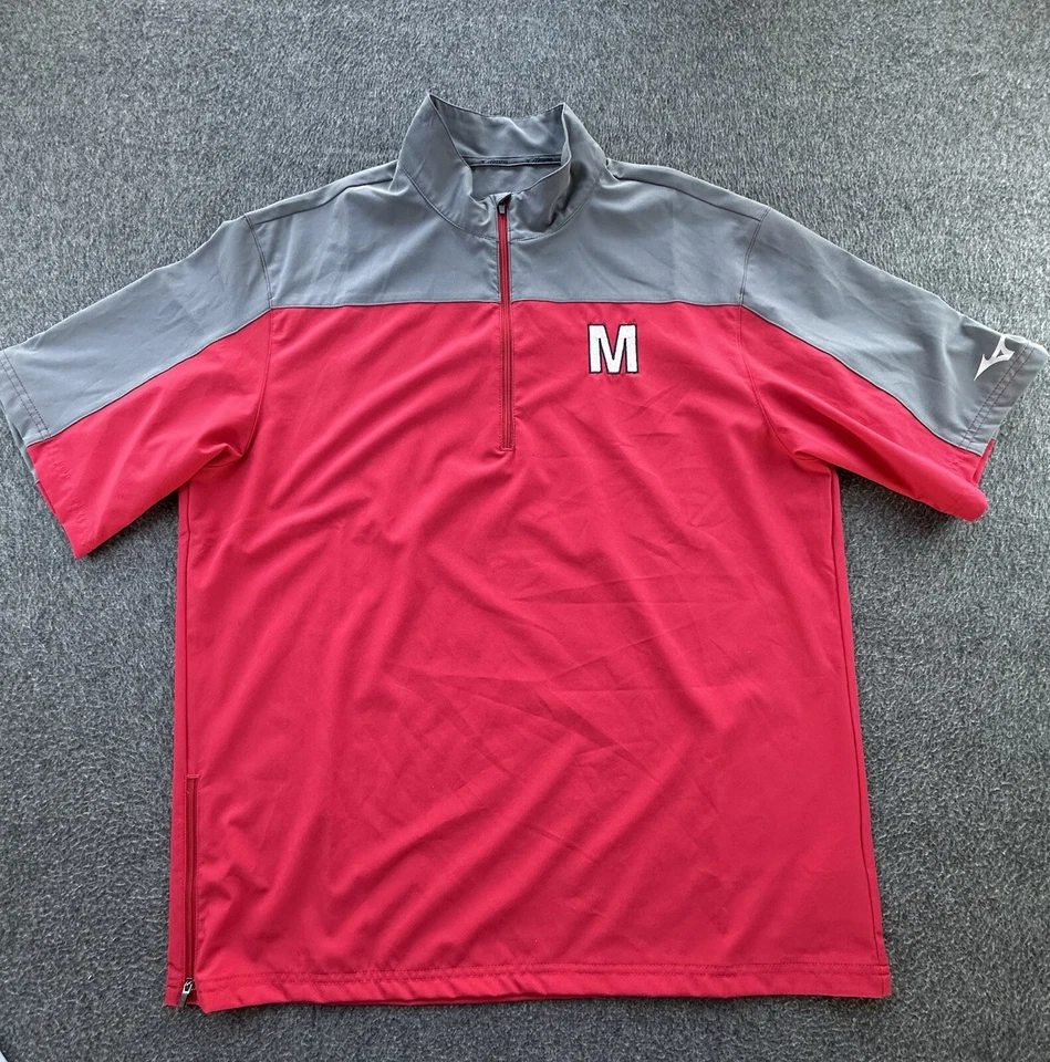 Pullover Mizuno Performance Hombre Grande Rojo Gris M Logo 1/4 Cremallera Manga Corta Foto 2 de 4
