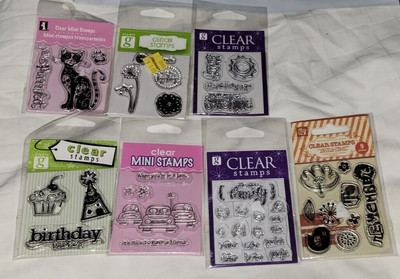 Lot of 7 Mini Sets 43 Clear Stamps Floral, Family, Birthday, Cats, Happy NEW