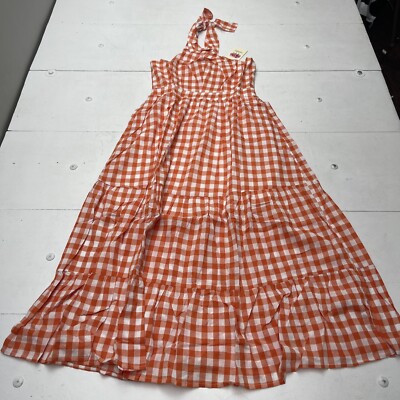 Entro Orange Gingham Halter Neck MIDI Dress Women's Large New | eBay