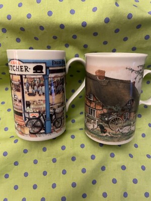 Dunoon Scotland Coffee Mugs TWO Ceramic - R Hall Butcher & Thatched Cottage