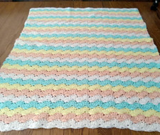 Handcrafted Crocheted Baby Blanket ZigZag White Peach Yellow Green 36"×42"