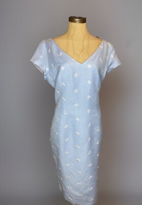 Chetta B Blue Linen Blend Lined embroidered Midi Dress USA Made Size 14
