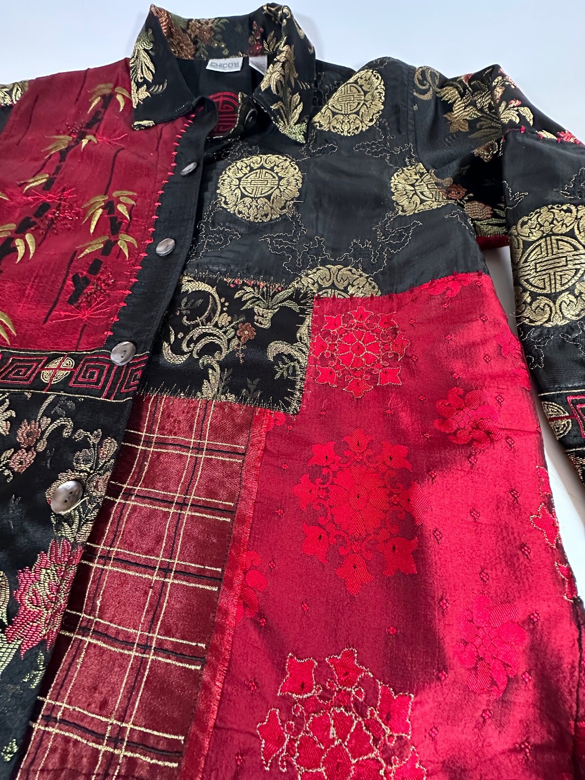 Chicos Black & Red Asian Patchwork Silk Blend Lig… - image 9