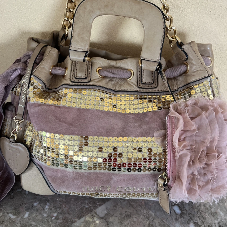 Juicy Couture Bag Purse Light Pink Vintage VELOUR bag Y2K Gold Sequins - Image 4 of 4