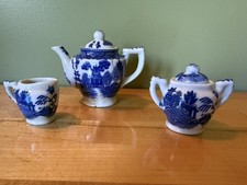 VTG Japanese White Blue Willow Tea Pot Creamer  Sugar Bowl Miniature Set Of 3